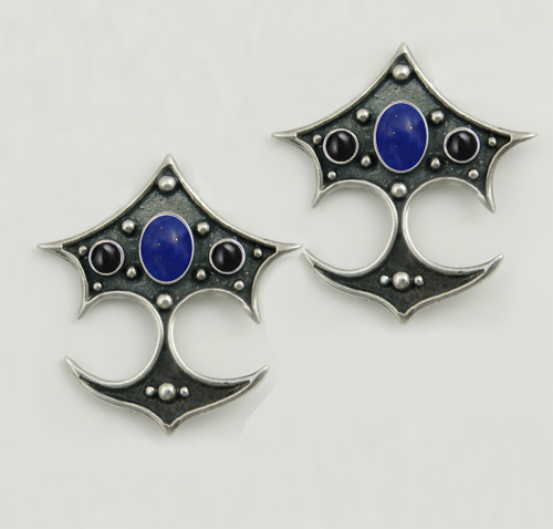 Sterling Silver Gothic Drop Dangle Earrings With Lapis Lazuli And Black Onyx